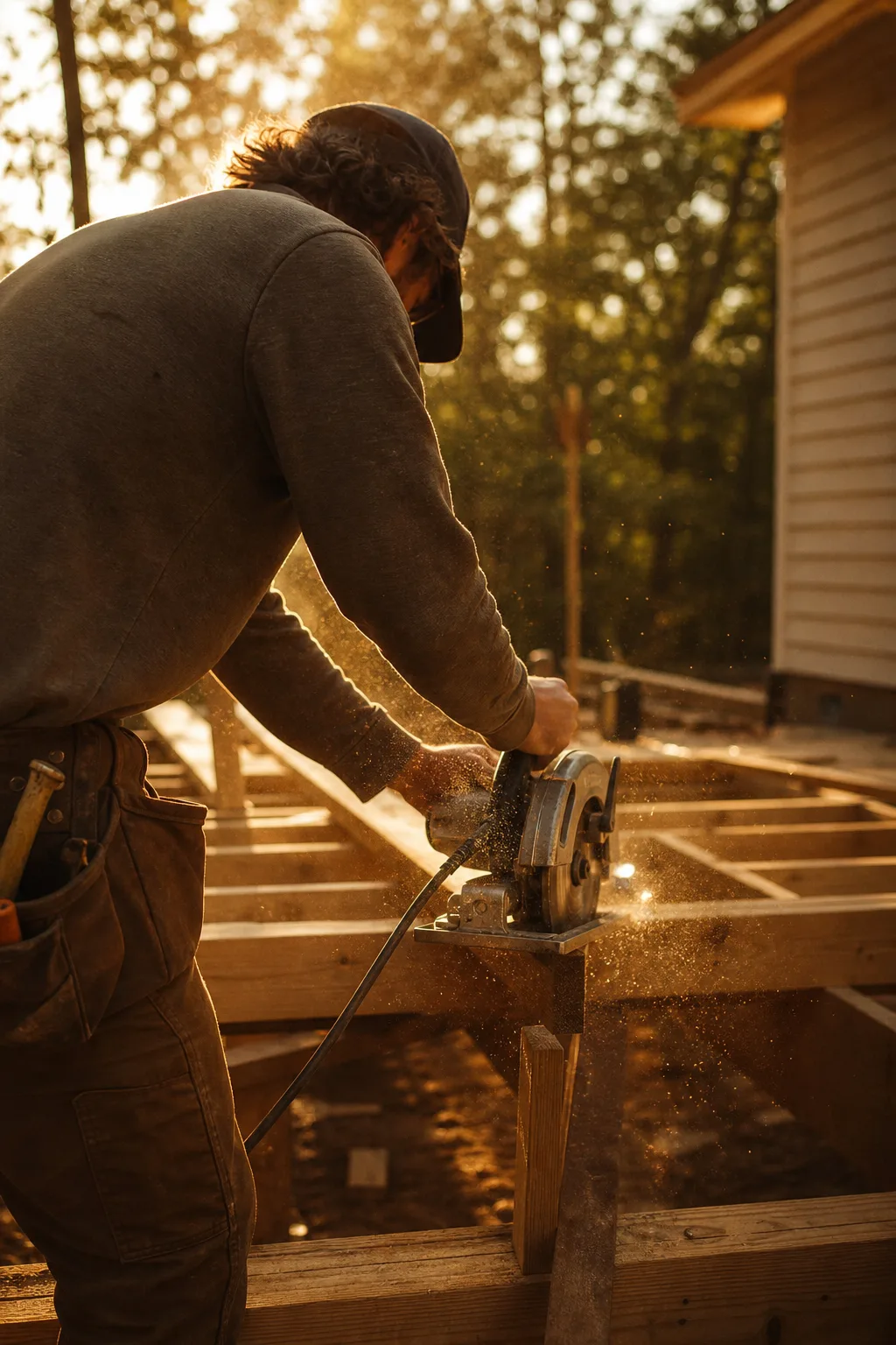 A carpenter measuring lumber on a residential job site