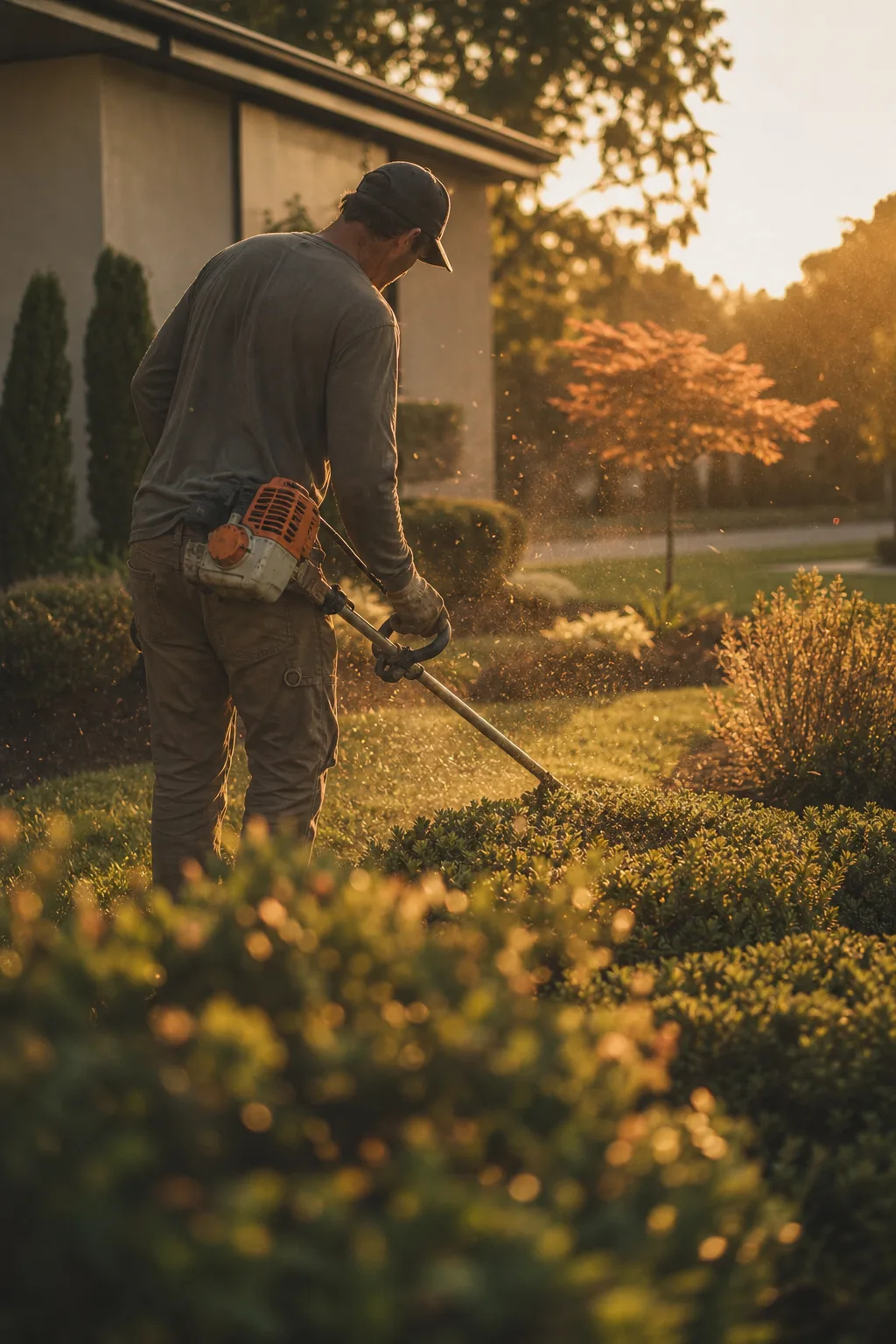 A landscaper at work in a suburban yard at golden hour